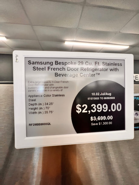 Samsung bespoke 29 ft.³ stainless steel French door refrigerator with beverage center. RF 29 BB 8600QL.