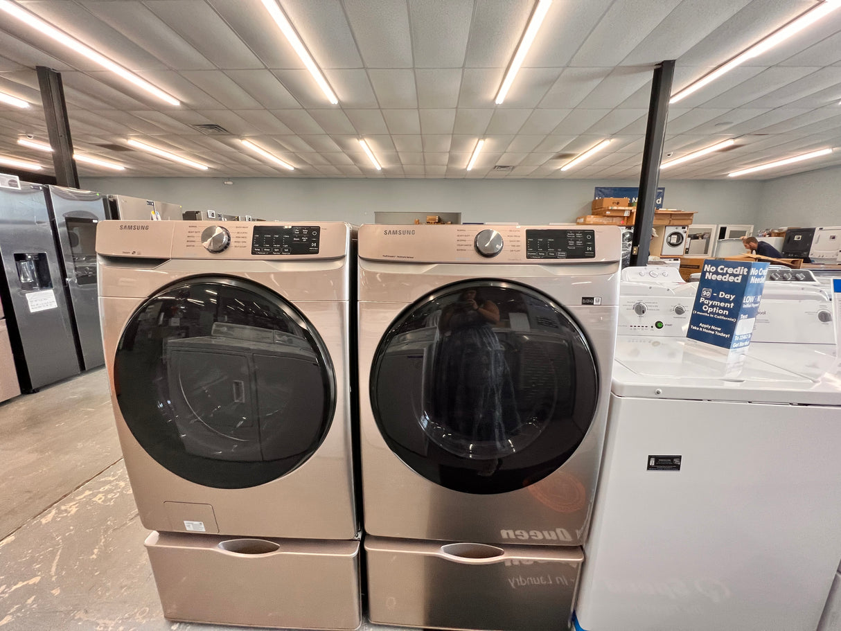 Samsung Laundry Pair 4.5 ft.³ champagne, front load washer 7.5 ft.³ champagne, front load electric dryer. WF456100 AC/DVE45R6100C