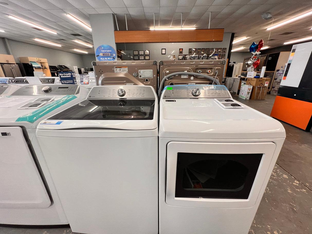 GE profile one repair 5.0 ft.³ white top load washer, 7.4 ft.³ white front load electric dryer. PTW600BSRWS/PTD60EBSRWS.