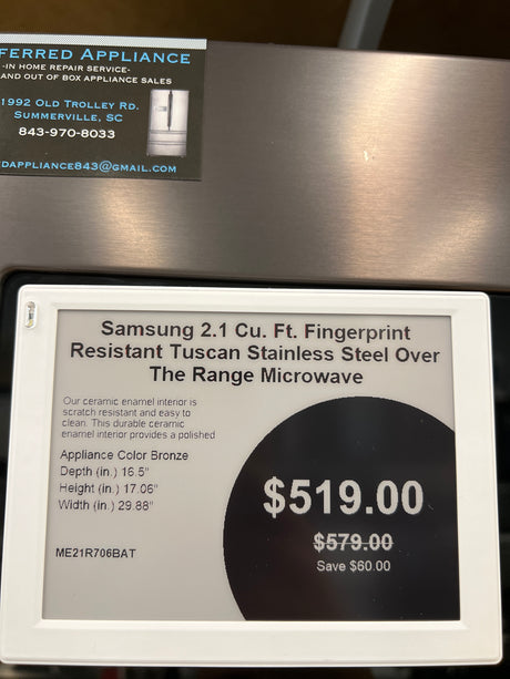 ME21R706BAT Samsung 2.1 ft.³ fingerprint resistant Tuscan, Stainless Steel over the range microwave
