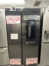 RS28A5F61SG Samsung 27.3 ft.³ fingerprint resistant black stainless steel side-by-side refrigerator.